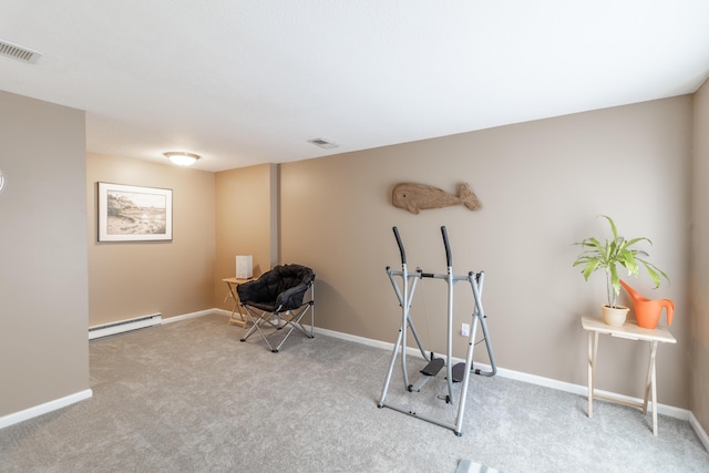 workout area with carpet floors, visible vents, a baseboard heating unit, and baseboards