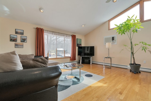 living room featuring a wall unit AC, wood finished floors, lofted ceiling, recessed lighting, and a baseboard heating unit