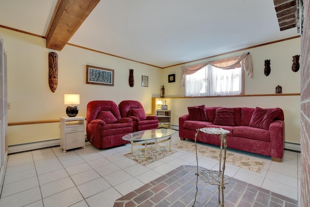 living area featuring light tile patterned floors, beam ceiling, crown molding, and a baseboard radiator