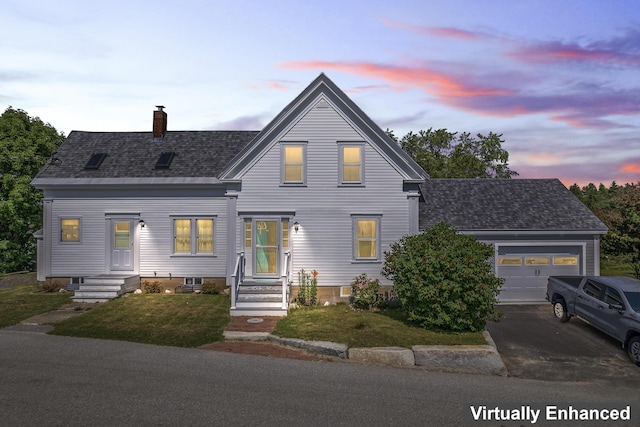 view of front facade with an attached garage, a chimney, aphalt driveway, and roof with shingles