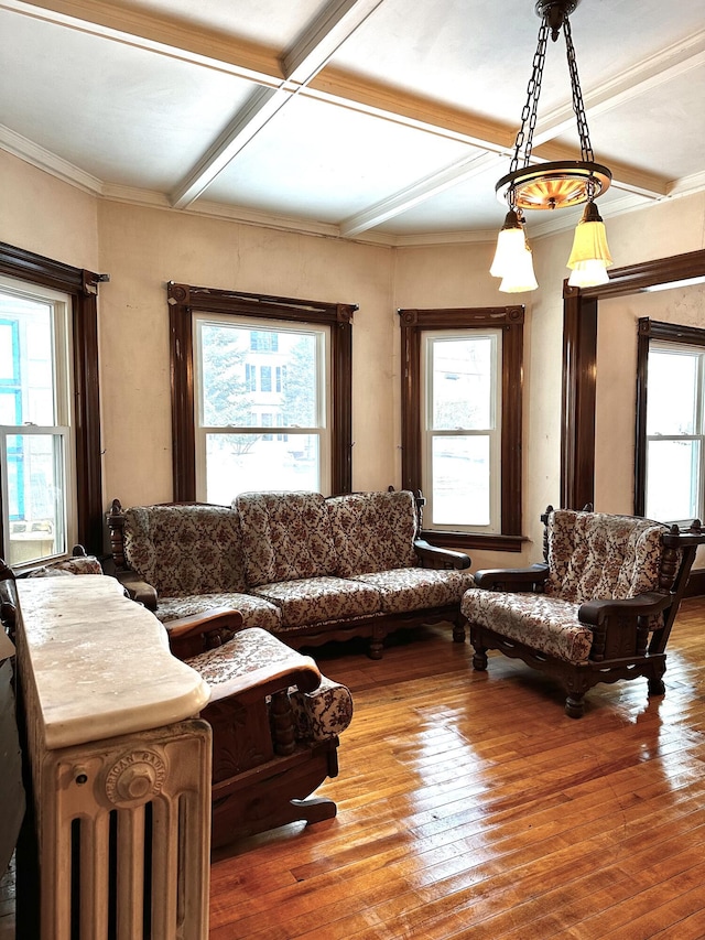 living area with a wealth of natural light, beam ceiling, coffered ceiling, and hardwood / wood-style flooring