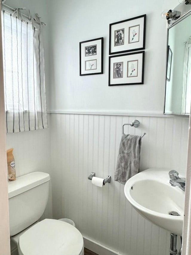 bathroom featuring a sink, toilet, and wainscoting