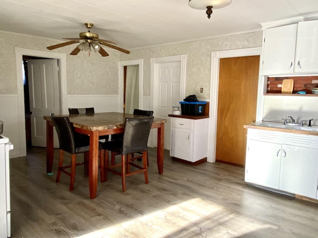 dining room featuring a wainscoted wall, light wood-style flooring, and crown molding