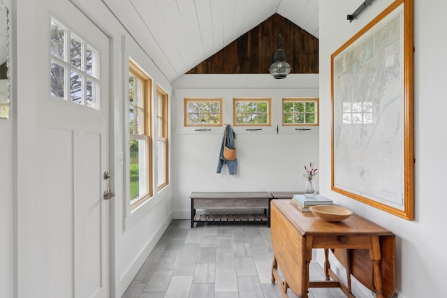 463 Back Meadow Rd, Damariscotta, ME 04543 - foyer featuring lofted ceiling, baseboards, and wooden ceiling