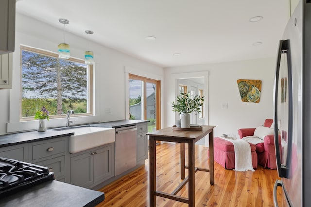 463 Back Meadow Rd, Damariscotta, ME 04543 - kitchen featuring appliances with stainless steel finishes, gray cabinets, a sink, light wood-style floors, and pendant lighting