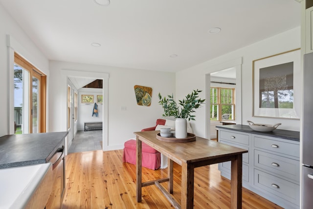 463 Back Meadow Rd, Damariscotta, ME 04543 - kitchen featuring dark countertops, light wood-type flooring, recessed lighting, and baseboards