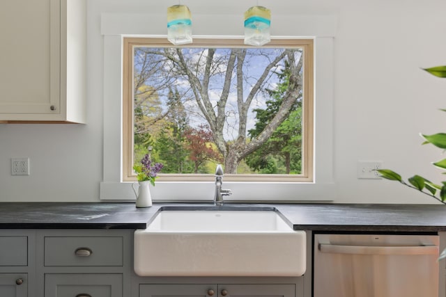 463 Back Meadow Rd, Damariscotta, ME 04543 - kitchen featuring dishwasher, a sink, dark countertops, and gray cabinetry