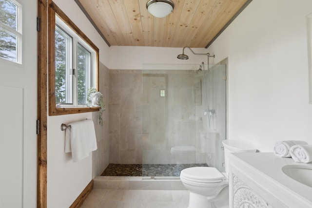 463 Back Meadow Rd, Damariscotta, ME 04543 - full bathroom featuring toilet, walk in shower, wooden ceiling, vanity, and tile patterned floors