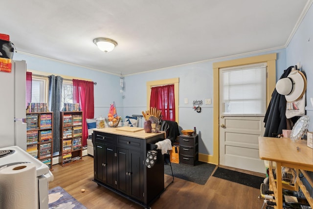 office with crown molding and wood finished floors