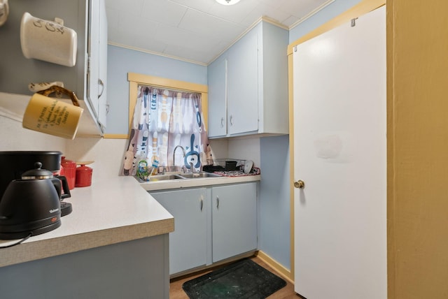 kitchen featuring crown molding, light countertops, and a sink