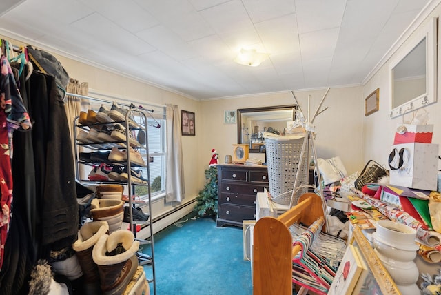 carpeted bedroom featuring crown molding and a baseboard radiator