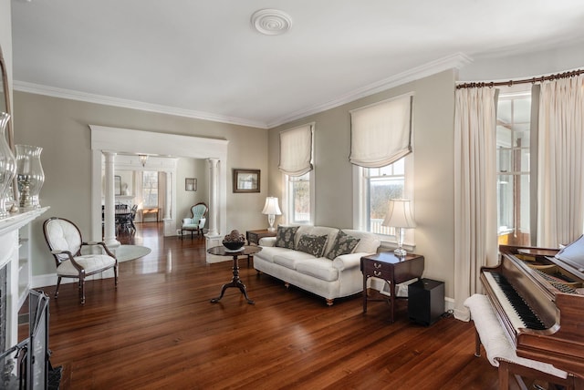 living area with plenty of natural light, ornamental molding, and wood finished floors