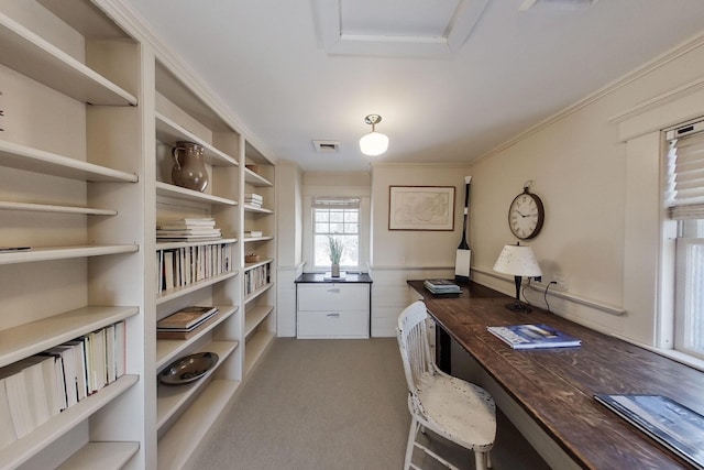 carpeted office space with visible vents and crown molding