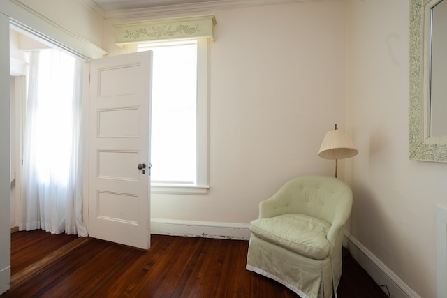 living area featuring baseboards and dark wood-style flooring