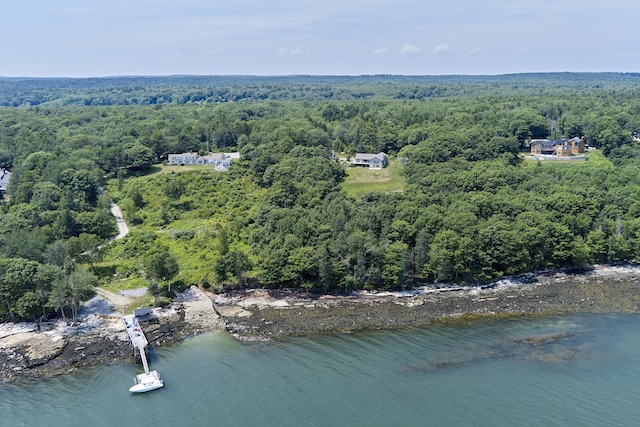 birds eye view of property featuring a wooded view