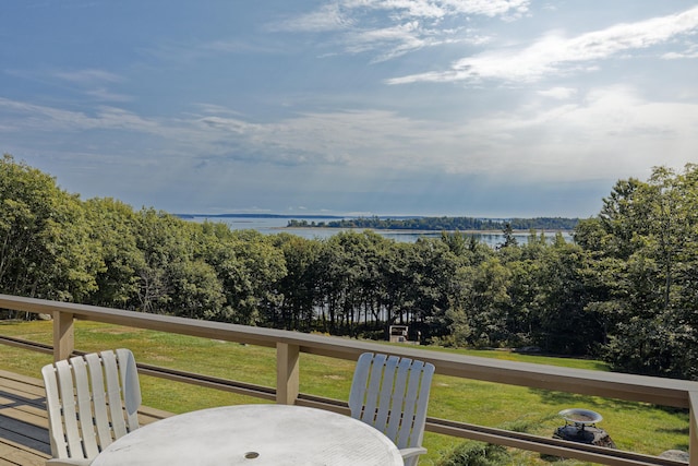 wooden terrace featuring a water view and a yard