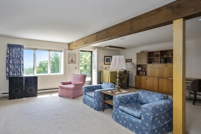 living room featuring carpet floors, a baseboard heating unit, baseboard heating, and beamed ceiling