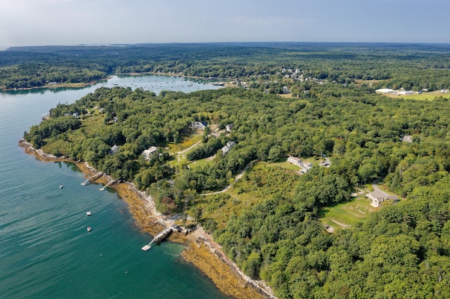 drone / aerial view featuring a water view and a wooded view