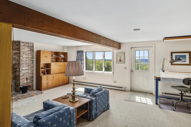 153 Back Shore Rd, Bristol, ME 04564 - carpeted living room with a baseboard heating unit and a wood stove