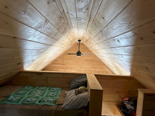 additional living space with lofted ceiling, wood ceiling, and wooden walls