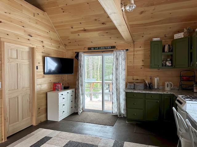 kitchen with lofted ceiling, wooden walls, wood ceiling, green cabinets, and dark wood-style floors