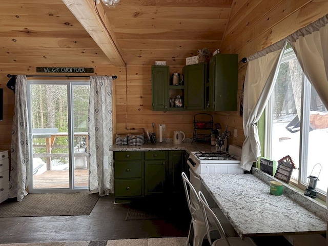 kitchen featuring wooden walls, wood ceiling, open shelves, dark wood finished floors, and green cabinetry