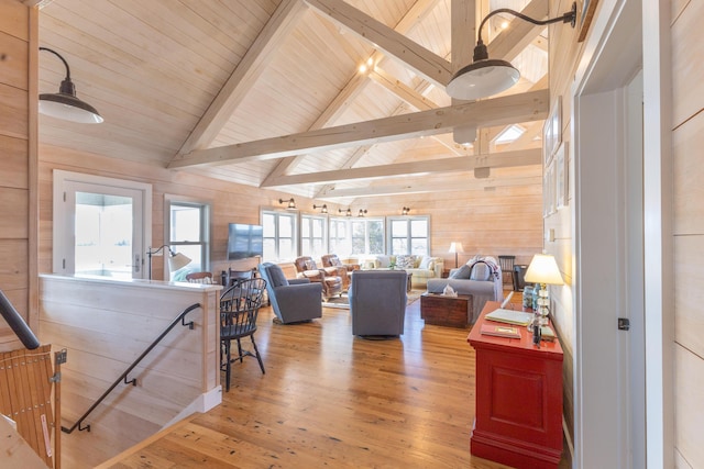 living room featuring lofted ceiling with beams, wood ceiling, wood finished floors, and wood walls