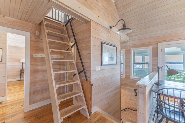 staircase featuring wood walls, wooden ceiling, and wood finished floors