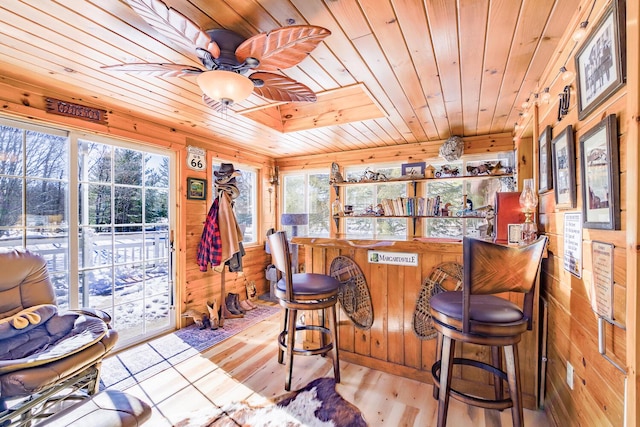 bar with a dry bar, wooden walls, wooden ceiling, ceiling fan, and wood finished floors