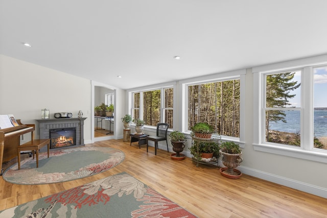 825 Hendricks Hill Rd, Southport, ME 04576 - living area featuring plenty of natural light, wood finished floors, a fireplace, a water view, and recessed lighting