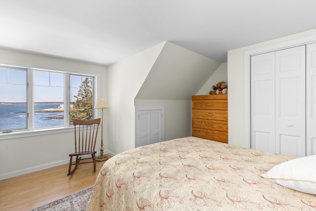 825 Hendricks Hill Rd, Southport, ME 04576 - bedroom featuring wood finished floors, a water view, a closet, baseboards, and lofted ceiling
