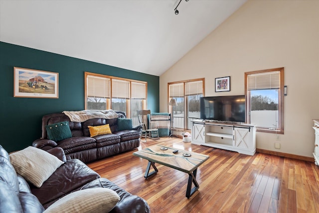 living room with a wealth of natural light, wood-type flooring, and baseboards