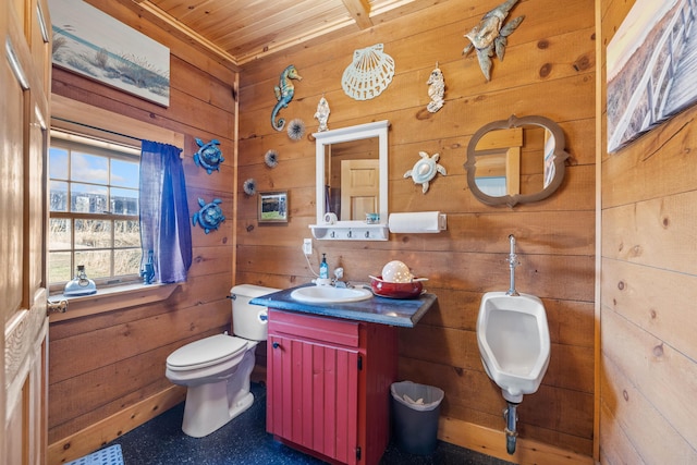 bathroom with toilet, a sink, wooden ceiling, and wooden walls