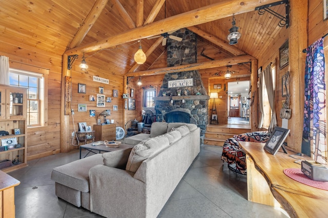 living room with concrete floors, high vaulted ceiling, wood ceiling, wooden walls, and beamed ceiling