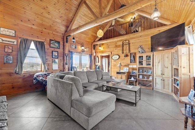 living area featuring finished concrete flooring, wooden walls, beam ceiling, and wood ceiling