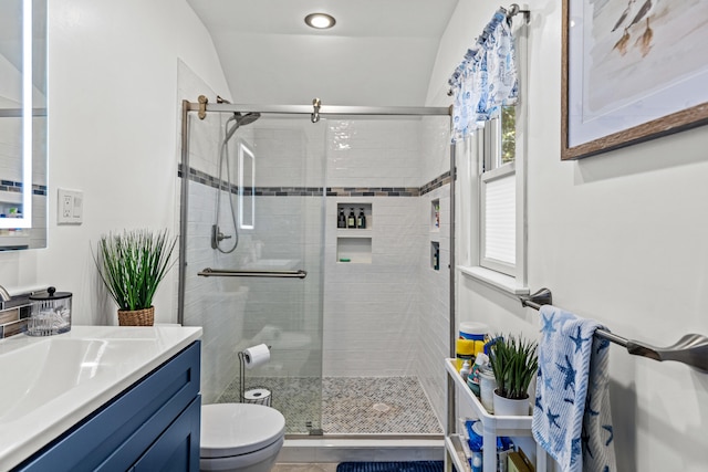 full bathroom with a shower stall, toilet, and vanity