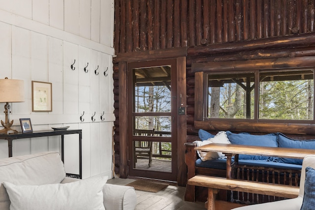 14 Crooked Pine Rd, Boothbay Harbor, ME 04538 - entryway featuring log walls and wood-type flooring