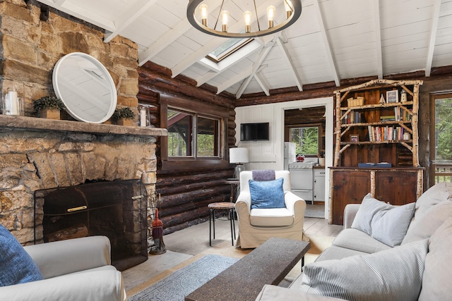 14 Crooked Pine Rd, Boothbay Harbor, ME 04538 - living area featuring a chandelier, a stone fireplace, wood ceiling, wood finished floors, and rustic walls