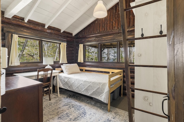 14 Crooked Pine Rd, Boothbay Harbor, ME 04538 - bedroom featuring beamed ceiling, wood ceiling, and high vaulted ceiling