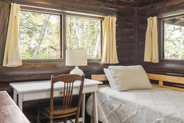 14 Crooked Pine Rd, Boothbay Harbor, ME 04538 - bedroom featuring rustic walls and multiple windows