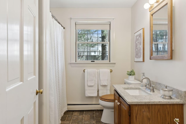 full bath with a baseboard heating unit, a shower with curtain, toilet, and vanity