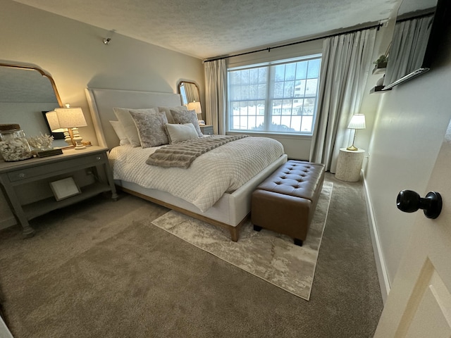 carpeted bedroom with baseboards and a textured ceiling