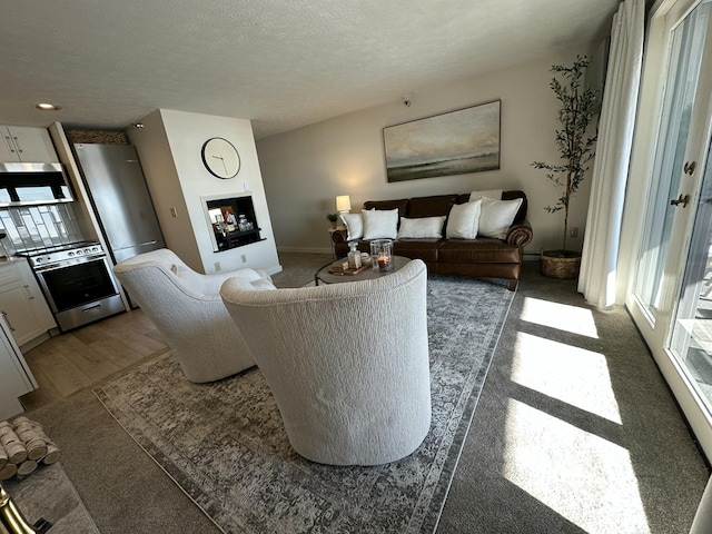 living area with dark wood-style flooring, a fireplace, a textured ceiling, and baseboards