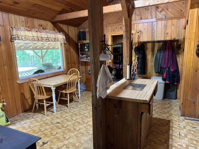 kitchen featuring wooden walls and tile patterned floors