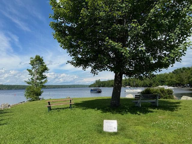 view of home's community with a water view and a lawn