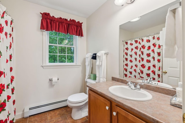 49 Megquier Rd, Gray, ME 04039 - bathroom featuring a baseboard heating unit, vanity, toilet, a shower with curtain, and tile patterned flooring