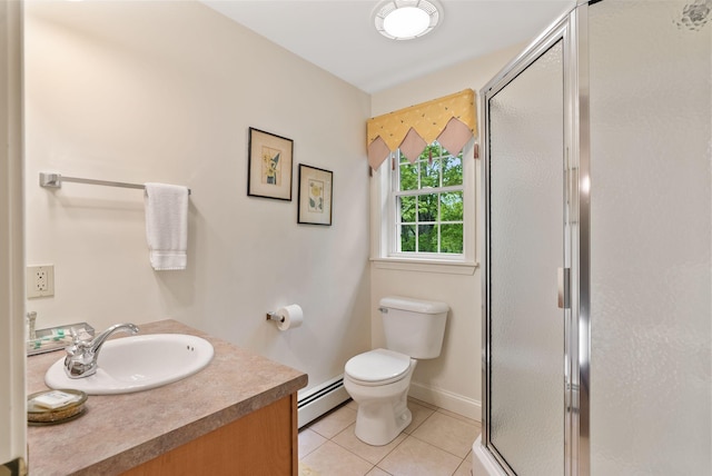 49 Megquier Rd, Gray, ME 04039 - bathroom featuring a baseboard heating unit, tile patterned flooring, a shower stall, toilet, and vanity