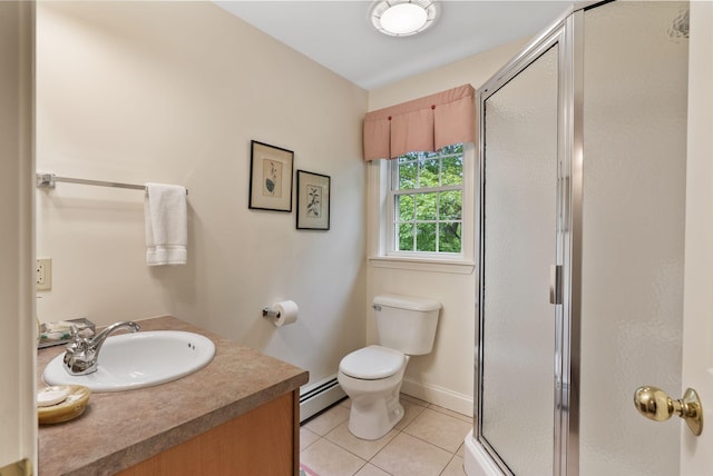 49 Megquier Rd, Gray, ME 04039 - bathroom featuring a baseboard heating unit, a shower stall, tile patterned flooring, toilet, and vanity