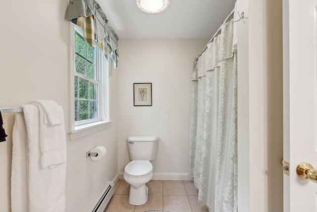 49 Megquier Rd, Gray, ME 04039 - full bathroom with toilet, baseboards, tile patterned floors, baseboard heating, and a shower with shower curtain