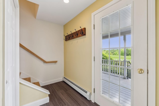 49 Megquier Rd, Gray, ME 04039 - doorway with a baseboard radiator, dark wood-type flooring, baseboards, and stairs